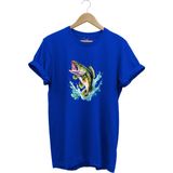 Fishing Balıkçılık Levrek Balığı Deniz Baskılı %100 Pamuk Regular Fit Bisiklet Yaka T-Shirt - Mavi