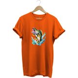 Fishing Balıkçılık Levrek Balığı Deniz Baskılı %100 Pamuk Regular Fit Bisiklet Yaka T-Shirt - Turuncu