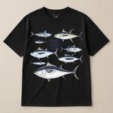 Fishing Uzunkanat Orkinos Tuna Balığı Baskılı %100 Pamuk Oversize Bisiklet Yaka Unisex T-Shirt - Siyah - XL
