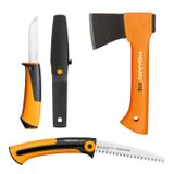 Fiskars Kamp seti, boş zaman baltası X5-XXS, 23 cm, Xtract el testeresi SW73, taze ahşap için, çekilebilir, 35 cm, evrensel bıçak, entegre bıçak bileyicili kılıf dahil, 21,5 cm, 1057912