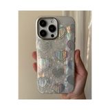 FİŞNEİLETİŞİM iPhone 15 Pro ile Uyumlu, Mermer Desenli Hologramlı Kalpli, Gümüş Kamera Çerçeve Detaylı Silikon Kılıf