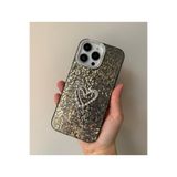FİŞNEİLETİŞİM iPhone 15 ProMax ile Uyumlu, Titanyum Rengi, Hologramli, Kamera Çerçevesi Taşlı, 3D İncili Kalp Detaylı Silikon Kılıf