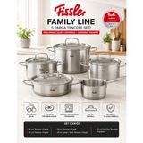 Fissler Family Line 5 Parça Paslanmaz Çelik Tencere Seti - 16 cm tencere + kapak 20 cm tencere + kapak 24 cm tencere + kapak 20 cm kuşhane/derin tava + kapak 16 cm saplı sos tenceresi (kapaksız)