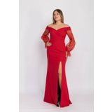 FİSTAN 7081 Lady Yaka Tül Kol Yırtmaçlı Krep Balık Uzun Elbise