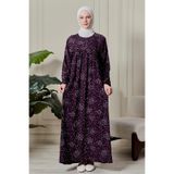 Fistan Tesettür Büzgü Robadan Önü Düğmeli Viskon Kumaş Anne Elbisesi Namaz Elbisesi Çiçek Desen Mor 42-44
