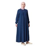 Fistan Tesettür Büzgü Robadan Önü Düğmeli Viskon Kumaş Anne Elbisesi Namaz Elbisesi Çıtır Desen Lacivert 42-44