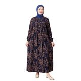 Fistan Tesettür, Büzgü Robadan Önü Düğmeli Viskon Kumaş Anne Elbisesi Namaz Elbisesi Dal Desen Lacivert 50-52