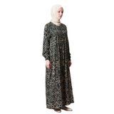 Fistan Tesettür Büzgü Robadan Önü Düğmeli Viskon Kumaş Anne Elbisesi Namaz Elbisesi Etnik Desen Haki 42-44