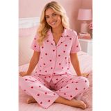 FİT WOMEN Çizgili Kalp Desenli Bürümcük Kumaş Pijama Takımı 4643-Pembe