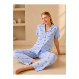 FİT WOMEN Mavi Kurdele Desenli Çizgili Bürümcük Pijama Takımı 4645-Mavi