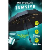 fitfiyat 12 TEL Tam Otomatik Açılır Kapanır Rüzgara Dayanıklı Siyah Ekstra Güçlü Şemsiye