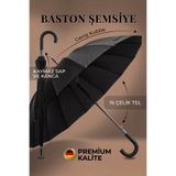 fitfiyat Baston Şemsiye 16 Telli Premium Kalite Geniş Kubbeli Siyah Şemsiye Kaymaz Saplı Rüzgara Dayanıklı Klasik Şemsiye