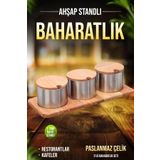 FİTHOME 3'lü Paslanmaz Çelik Baharatlık Şekerlik Ahşap Stantlı Kafe Restorant Baharatlık