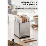 FİTHOME 5'li Paslanmaz Çelik Stick Şekerlik Seti – Kare Metal Şeker Standı | Kafe, Restoran, Otel, Ofis ve Ev Kullanımına Uygun