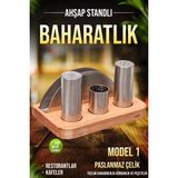 Fithome Ahşap Stantlı Paslanmaz Çelik Baharatlık Tuzluk Peçetelik Seti Menaj Seti - MODEL 1