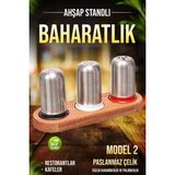 Fithome Ahşap Stantlı Paslanmaz Çelik Baharatlık Tuzluk Peçetelik Seti Menaj Seti - MODEL 2