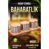 Fithome Ahşap Stantlı Paslanmaz Çelik Baharatlık Tuzluk Peçetelik Seti Menaj Seti - MODEL 3