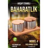 Fithome Ahşap Stantlı Paslanmaz Çelik Baharatlık Tuzluk Peçetelik Seti Menaj Seti - MODEL 4