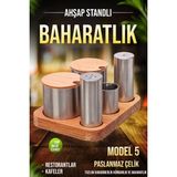 Fithome Ahşap Stantlı Paslanmaz Çelik Baharatlık Tuzluk Peçetelik Seti Menaj Seti - MODEL 5