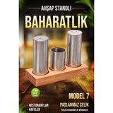 Fithome Ahşap Stantlı Paslanmaz Çelik Baharatlık Tuzluk Peçetelik Seti Menaj Seti - MODEL 7