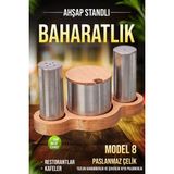 Fithome Ahşap Stantlı Paslanmaz Çelik Baharatlık Tuzluk Peçetelik Seti Menaj Seti - MODEL 8