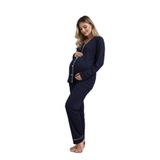 Fitilli Bambu Kumaş Uzun Kollu Düğmeli Salaş Takım – Hamile İçin Uygun-Lacivert-M/L