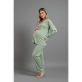 Fitilli Bambu Kumaş Uzun Kollu Düğmeli Salaş Takım – Hamile İçin Uygun-Yeşil-XL/2XL