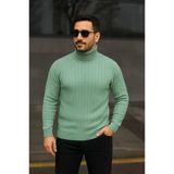 Fitilli Dokuma Erkek Günlük Şıklık Mint Yeşili Balıkcı Yaka Bağazlı Pamuklu Kalın , Regular Fit Uzun Kollu Kışlık Model Triko Kazak