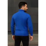 Fitilli Dokuma Erkek Günlük Şıklık Saks Mavisi Balıkcı Yaka Bağazlı Pamuklu Kalın , Regular Fit Uzun Kollu Kışlık Model Triko Kazak