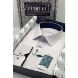Fitmens Erkek Klasik Uzun Kol Keten Cotton Hediye Kutulu Gömlek - Beyaz Lacivert FS-001261