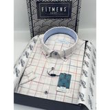 Fitmens Klasik Kısa Kol Kareli Keten Cotton Yaka Düğmeli Hediye Kutulu Erkek Gömlek - Beyaz Turkuaz