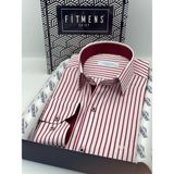 Fitmens Klasik Uzun Kol Kalın Çizgili Hediye Kutulu Erkek Gömlek FS-001260 - Beyaz Bordo - XL