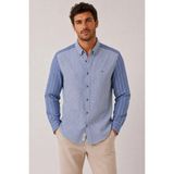 Fitmens Slim Fit Uzun Kol Çift Desen Yaka Düğmeli Keten Likra Cepsiz Hediye Kutulu Erkek Gömlek FS-004578 - Saks Mavi
