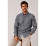 Fitmens Slim Fit Uzun Kol Çizgili Cepsiz Keten Likra Hediye Kutulu Erkek Gömlek FS-004579 - Lacivert