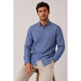 Fitmens Slim Fit Uzun Kol Çizgili Cepsiz Keten Likra Hediye Kutulu Erkek Gömlek FS-004579 - Saks Mavi - 2XL