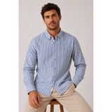 Fitmens Slim Fit Uzun Kol Çizgili Yaka Düğmeli Keten Likra Hediye Kutulu Erkek Gömlek FS-004580 - Saks Mavi - 2XL