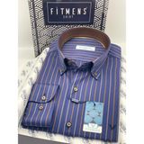 Fitmens Slim Fit Uzun Kol Premium Çizgili Yaka Düğmeli Hediye Kutulu Erkek Gömlek FS-004334 - Lacivert Kahve - Lacivert - Kahverengi - 3XL