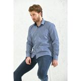 Fitmens Slim Fit Uzun Kol Premium Kalın Çizgili Hediye Kutulu Kolay Ütülenebilir Erkek Gömlek - Lacivert - 2XL