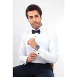 Fitmens Slim Fit Uzun Kol Soft Saten Smokin Damatlık Erkek Hediye Kutulu Gömlek FS-001947 - Beyaz Lacivert - XL