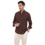 Fitmens Slim Fit Uzun Kol Yaka Düğmeli Nefes Alan Keten Hediye Kutulu Erkek Gömlek FS-004548 - Koyu Kahve
