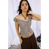 Fıtted Gofre Dokulu Kısa Kollu Kahverengi Bluz