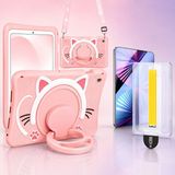 Five-E Apple iPad 7/8/9. Nesil 10.2 Inc Kedi Figürlü Askılı Çocuk Tablet Kılıfı ve Kolay Uygulama Aparatlı Temperli Cam - Pembe