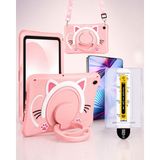 Five-E Samsung Galaxy Tab A9/A11 8.7 Inc Kedi Figürlü Askılı Çocuk Tablet Kılıfı ve Kolay Uygulama Aparatlı Temperli Cam SM-X230 X-110 - Pembe
