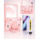 Five-E Samsung Galaxy Tab S6 Lite 10.4 Kedi Figürlü Askılı Çocuk Tablet Kılıfı ve Kolay Uygulama Aparatlı Temperli Cam SM-P610 - Pembe