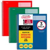 Five Star Etkileşimli Not Alma Spiral Defterler, 3'lü Paket, 1-Konu, Geniş Çizgili Kağıt, 11" x 8-1/2", 100 Yaprak, Orman Yeşili, Ateş Kırmızısı, Pasifik Mavisi (929986-ECM)