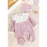 Fiyonklu Kadife Kışlık Kız Bebek Tulum Set - Gül Kurusu - 3 - 6 Ay