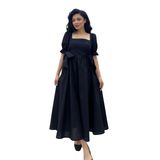 Fiyonklu Kare Yaka Kloş Poplin Elbise (Siyah, 2XL)