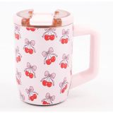 Fiyonklu Kiraz Desenli Kulplu Çelik Termos Mug Pembe 440ml | Sızdırmaz Kapaklı, Paslanmaz Çelik, Kahve Bardağı, Pembe Renk, 440ml Hacim