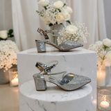 Fiyra 7012 Gümüş Simli Taşlı Kalın Kare Topuk Abiye Stiletto Ayakkabı
