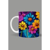 Fizello Renkli Çiçekler Colorful Floral Temalı Kupa, 330 ml, Beyaz, Seramik FIZELLO-MUG-498-colorful-floral